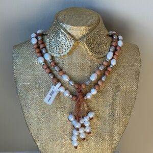 Hipchick for Neiman Marcus Necklace Long Pearl, Metal, Wood Beads and Leather